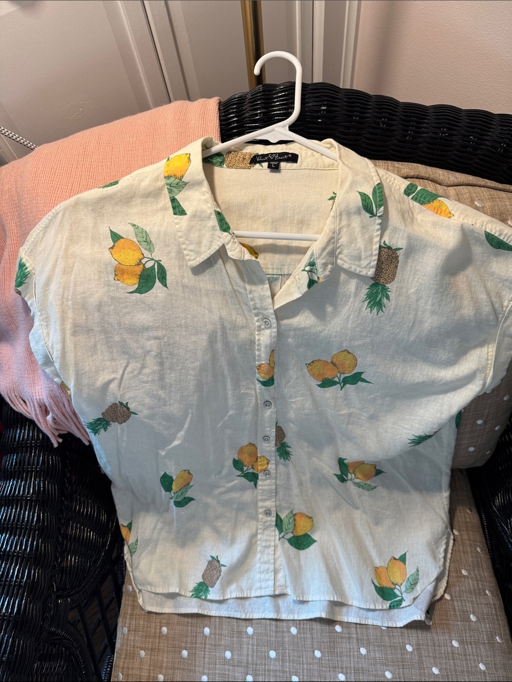 Velvet Heart Cream Button-Up Shirt with Yellow & Brown Fruit Print